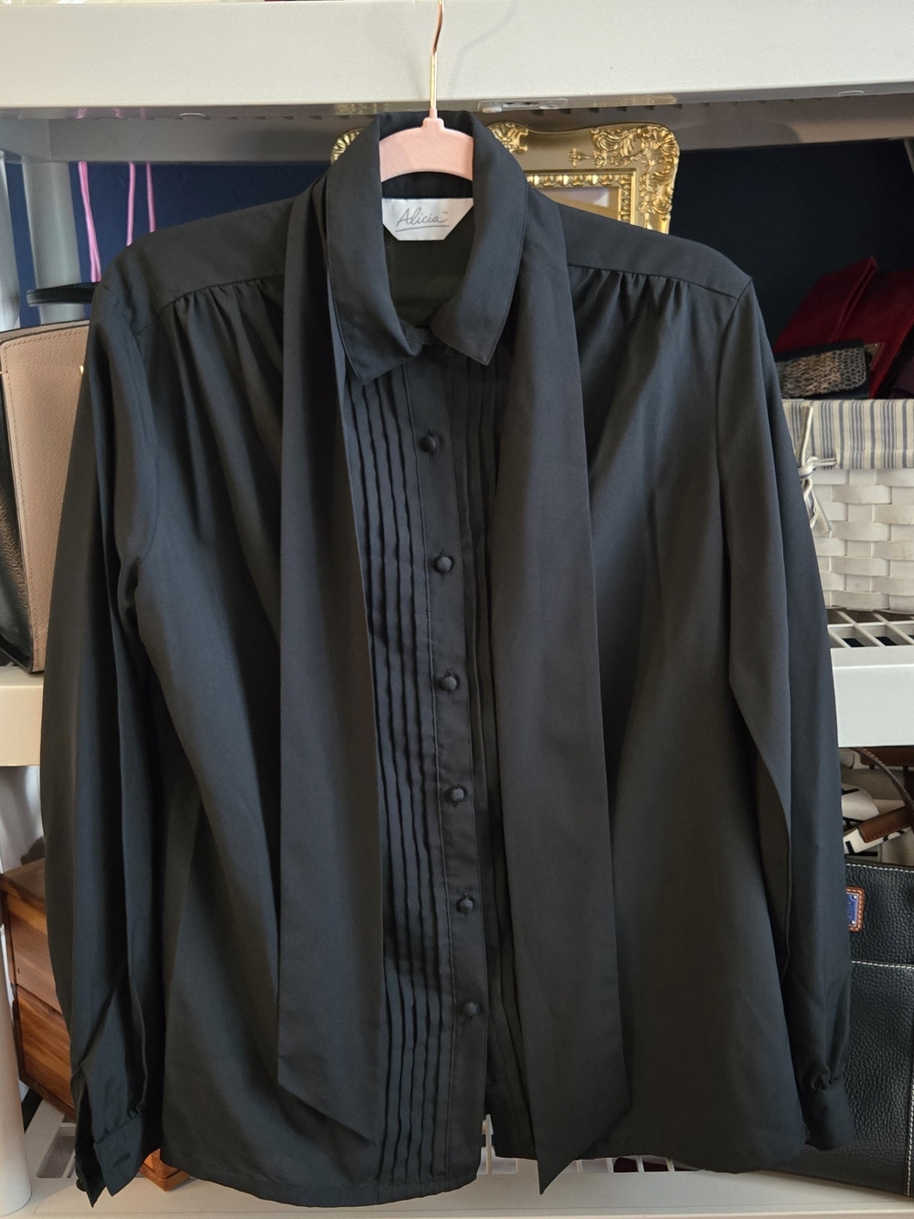 Vintage Alicia Cottage Core Black Tie-Neck Blouse - Picture 2 of 9